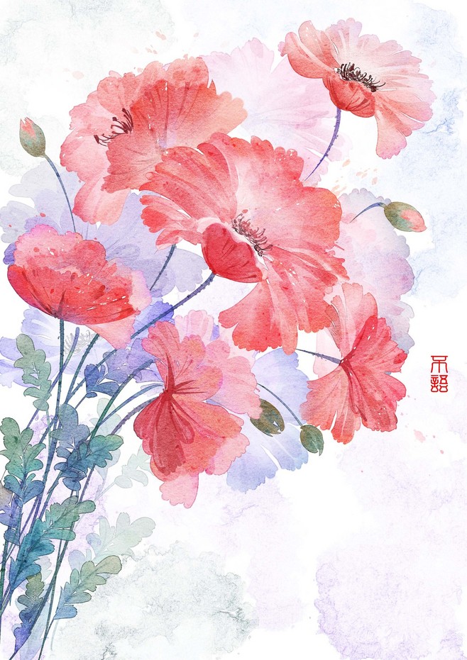水彩水墨古風(fēng)花卉_不語_長如醉__插畫師.